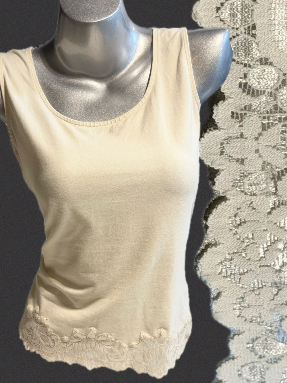 Coldwater Creek stretchy tank‎ top sleeveless camo camisole lace waistband ivory
